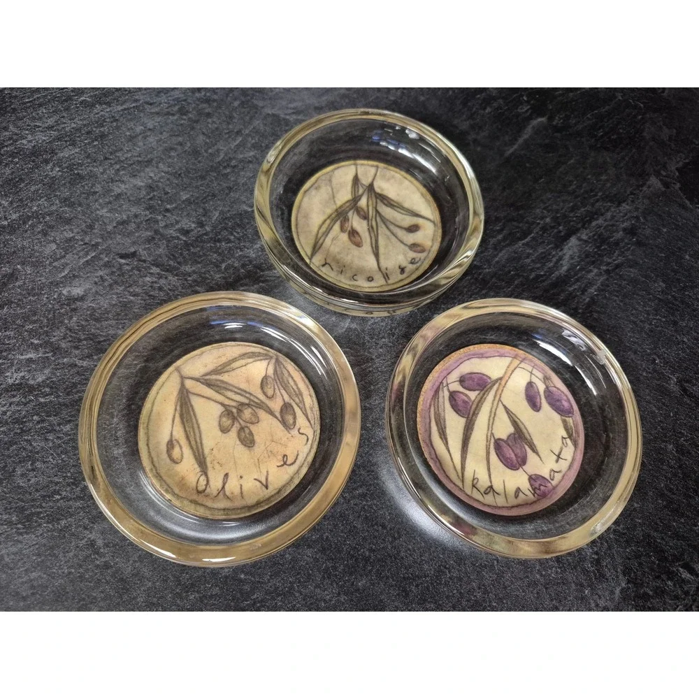 Vintage Glass Coaster Set of 3 Olive Branch Cork Back Tuscan Charcuterie Decor